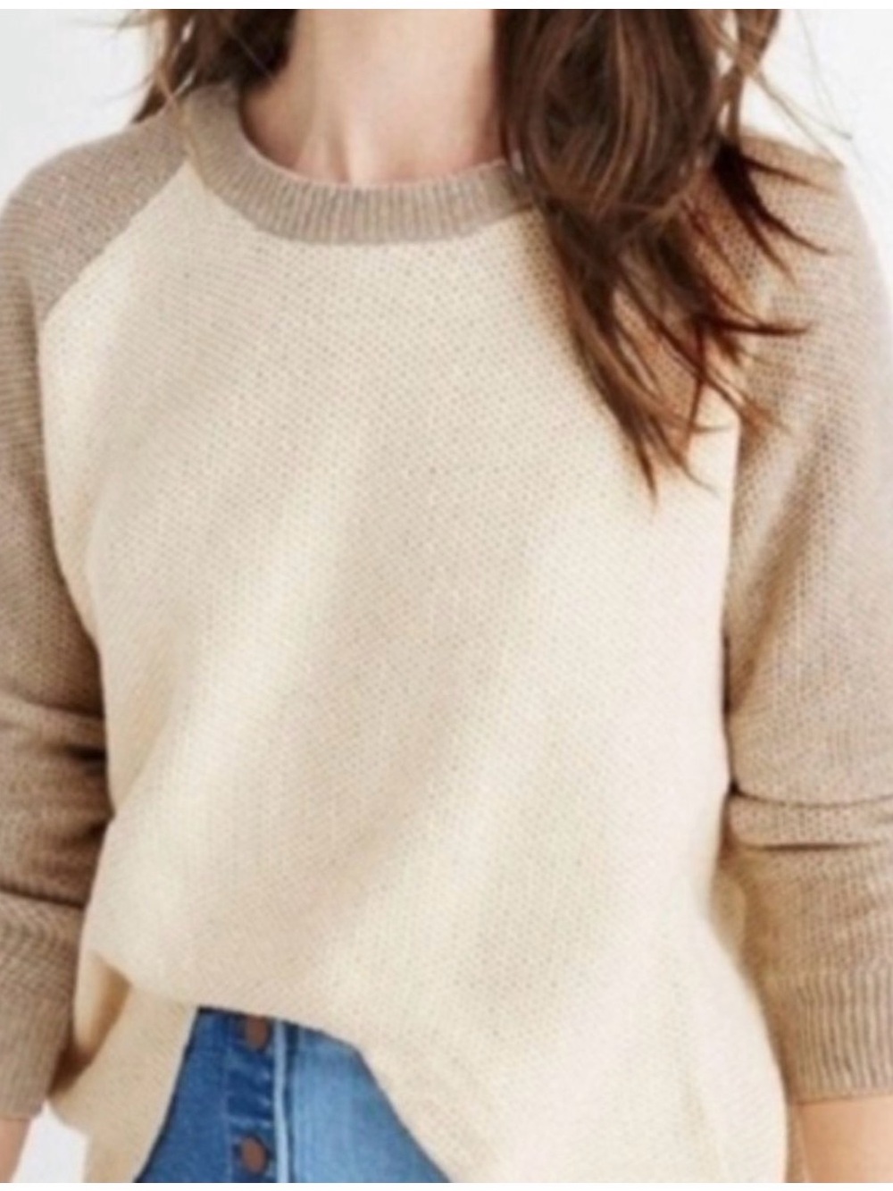 Madewell Two-Tone Raglan Crew Sweater - Cream & Taupe